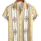 Męska Koszula Vintage w Pionowe Paski z Krótkim Rękawem w Stylu Retro z Lat 70-tych z Wzorem Azteckim