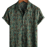 Vintage Koszula Bawełniana z Krótkim Rękawem z Guzikami w Stylu Retro Paisley Zielona dla Mężczyzn z Lat 70