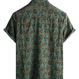 Vintage Koszula Bawełniana z Krótkim Rękawem z Guzikami w Stylu Retro Paisley Zielona dla Mężczyzn z Lat 70