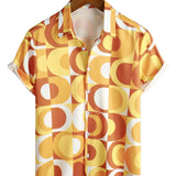 Retro Letnia Koszula Męska z Bawełny, Guziki, Pomarańczowa Vintage, Geometryczna, Disco, Plaża, Chłodna, Krótki Rękaw