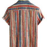 Męska Koszula Bawełniana Casual Retro w Kolorowe Paseczki z Krótkim Rękawem