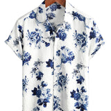 Męska Koszula Hawajska z Bawełny w Niebieski Kwiatowy Wzór, Krótki Rękaw, z Guzikami i Białą Klapą