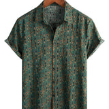 Męska Koszula Vintage z Bawełny w Wzór Paisley z Lat 70-tych, Zielona, Boho, Retro, Tribal, z Krótkim Rękawem