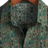 Męska Koszula Vintage z Bawełny w Wzór Paisley z Lat 70-tych, Zielona, Boho, Retro, Tribal, z Krótkim Rękawem