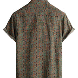 Męska Koszula z Bawełny w Stylu Vintage z Wzorem Paisley z Lat 70-tych z Brązowymi Guzikami w Stylu Boho Retro Tribal, Krótki Rękaw