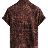 Męska Koszula Bawełniana w Stylu Retro z Wzorem Kwiatowym Paisley, Z Guzikami, Vintage, Na Wakacje, Zachodni, Brązowa, Krótki Rękaw